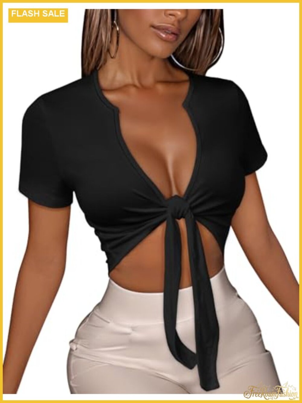 Tie Front Crop Top V Neck Short Sleeve Summer Slim Fit Tee